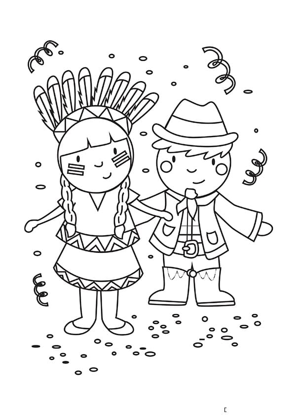 Coloriage Indienne et cow-boy de carnaval