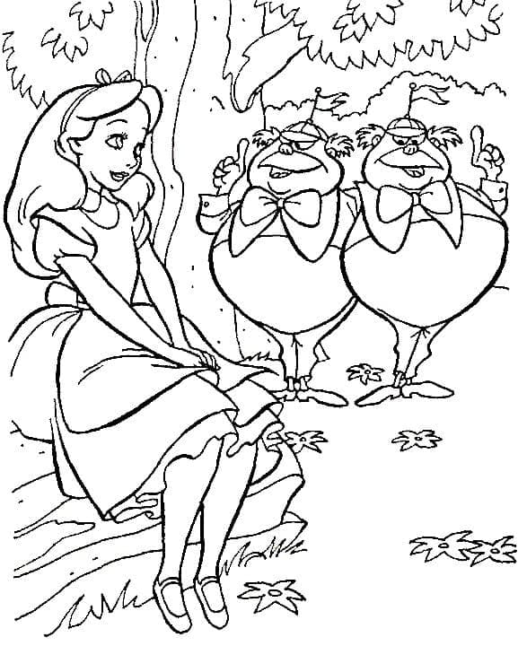 Coloriage Alice avec Tweedledum et Tweedledee