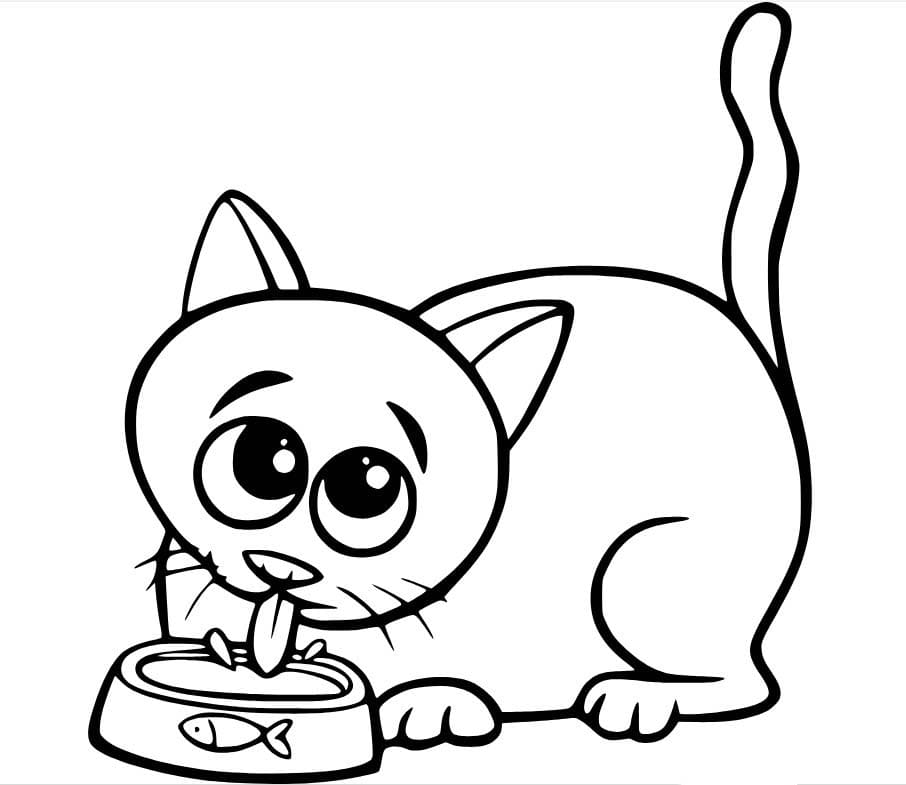 Coloriage Dessiner chat Manger de la nourriture à imprimer