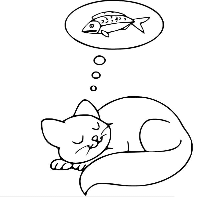 Coloriage Dessiner chat rêvant de poisson à imprimer