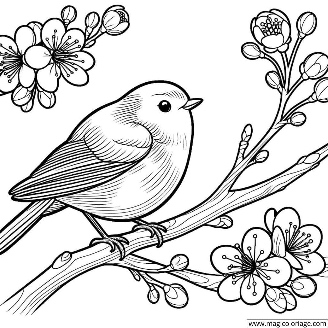 Coloriage Dessine un oiseau sur une branche d’arbre à imprimer