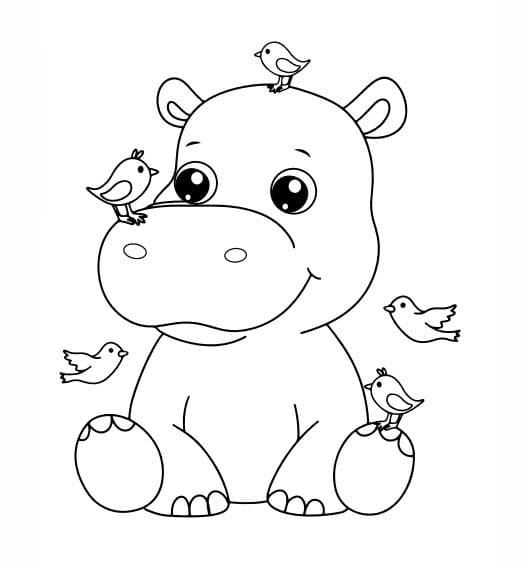 Coloriage Dessiner Hippopotame et oiseau