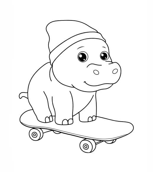 Coloriage Dessiner Hippopotame skateboard