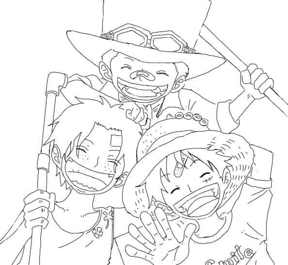 Coloriage Dessin Ace, Sabo et Luffy de One Piece à imprimer