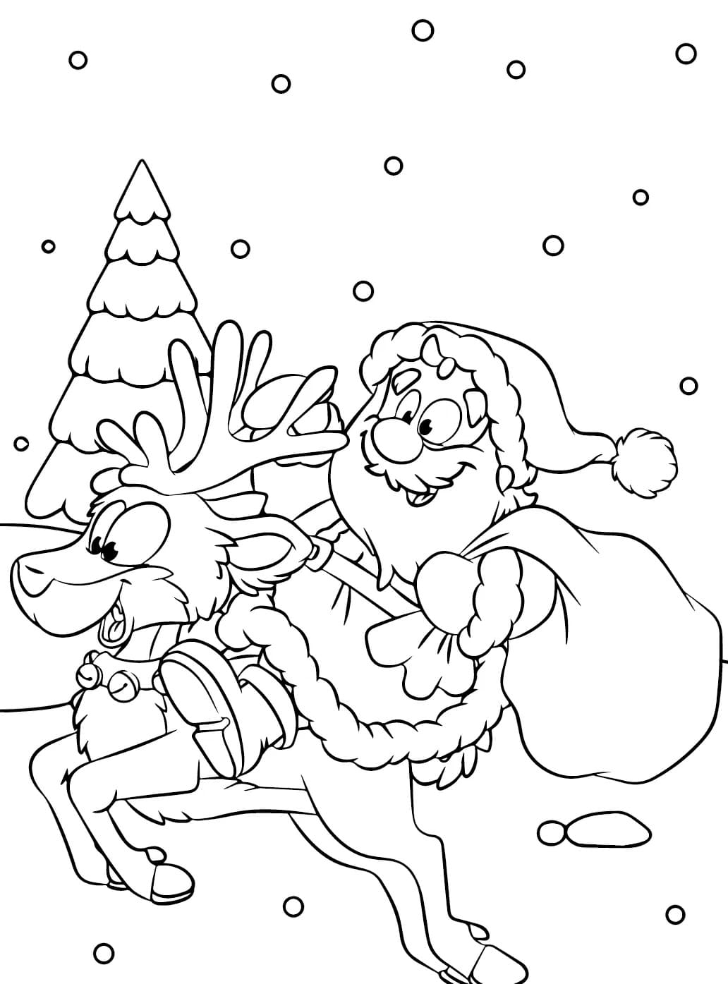 Coloriage Dessin Père Noël chevauchant renne