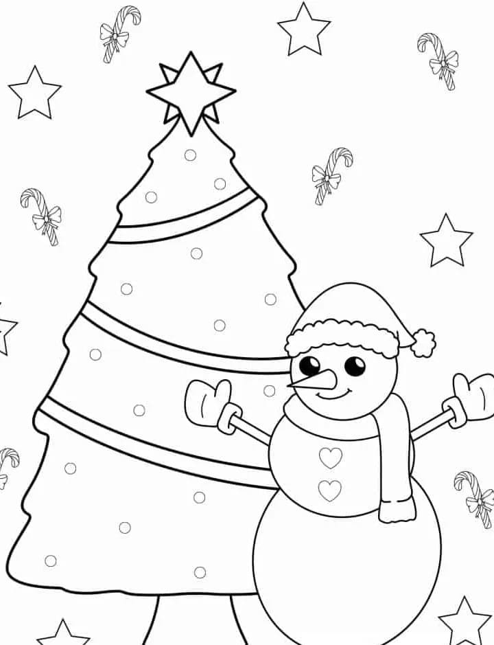 Coloriage Dessiner sapin de Noël et bonhomme neige