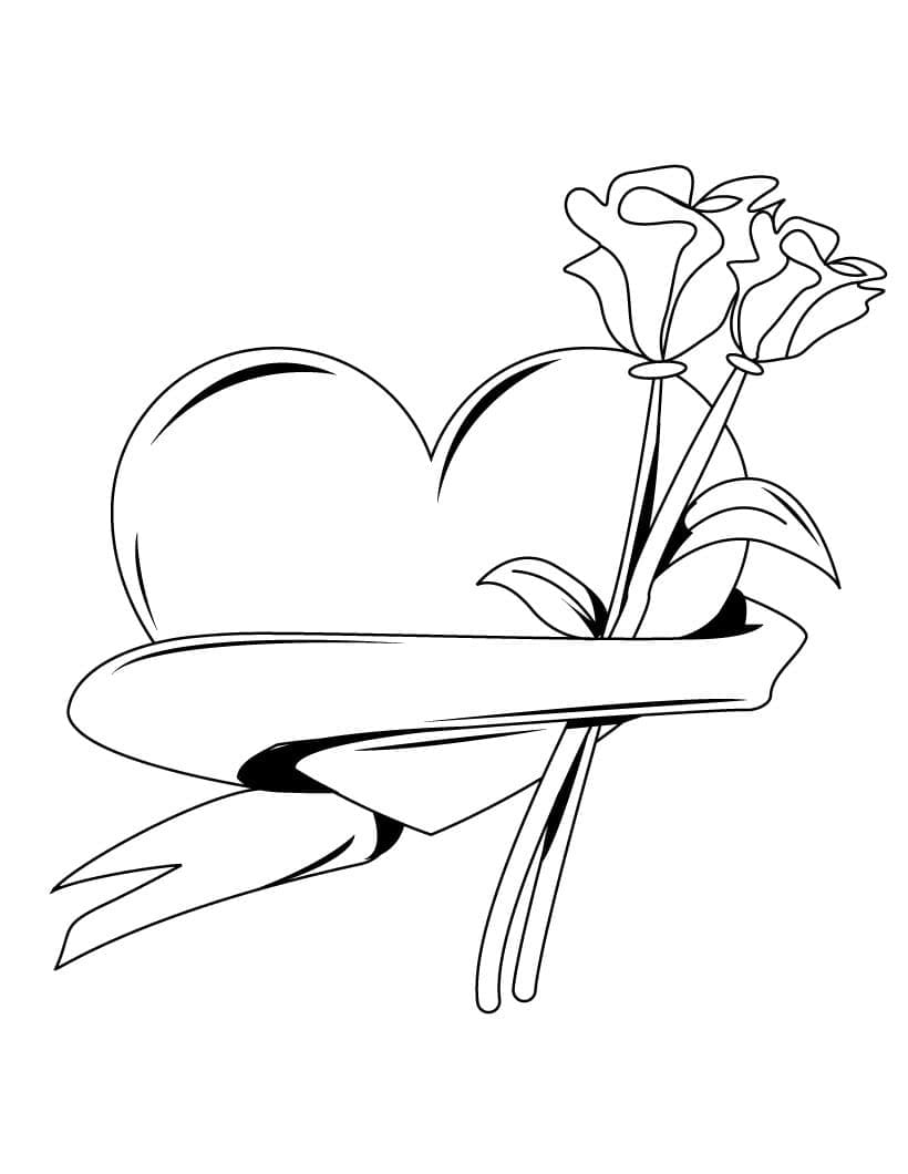 Coloriage Coeur et fleurs roses à imprimer