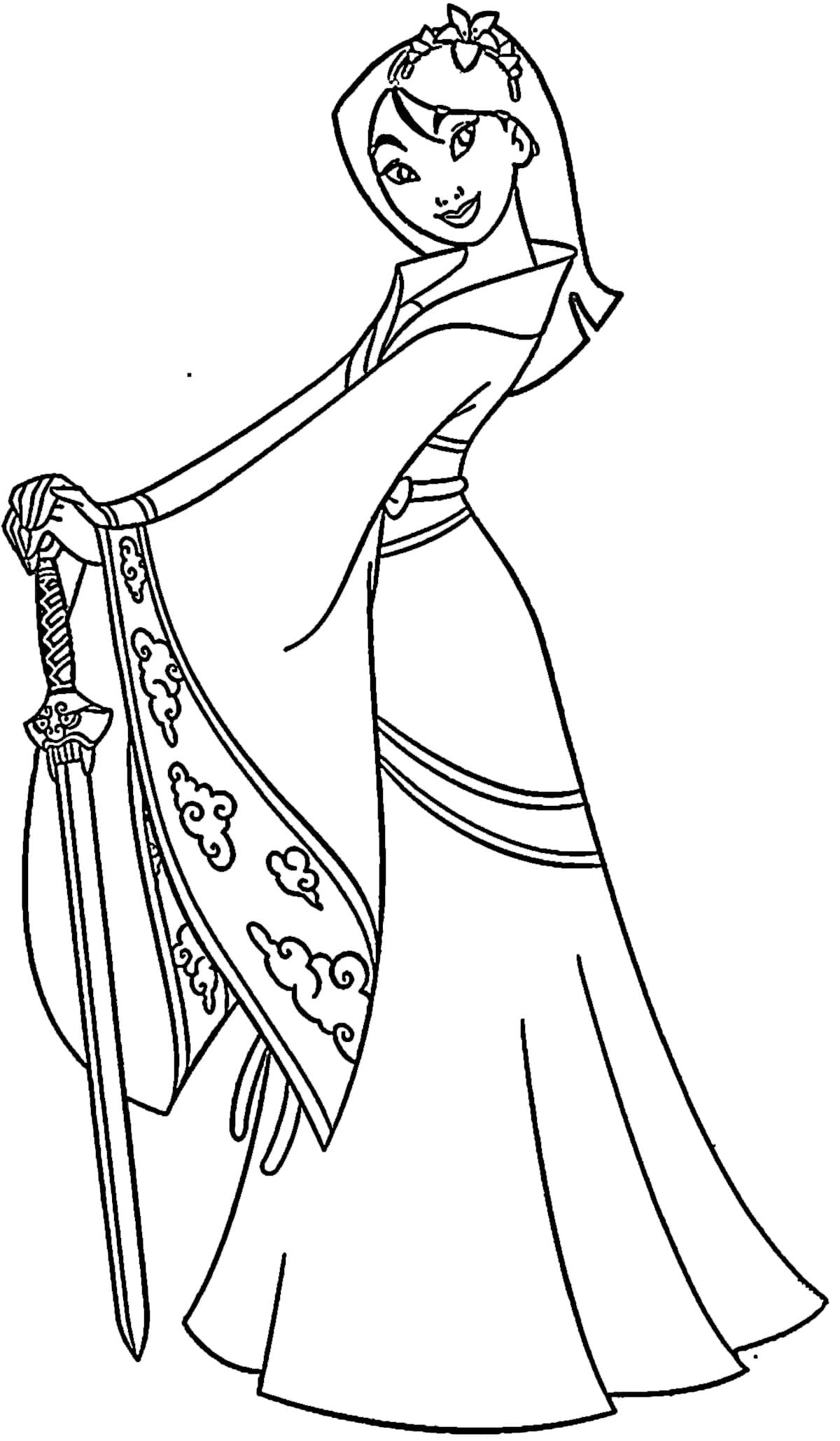 Coloriage Dessin Princesse Mulan chez enfant à imprimer