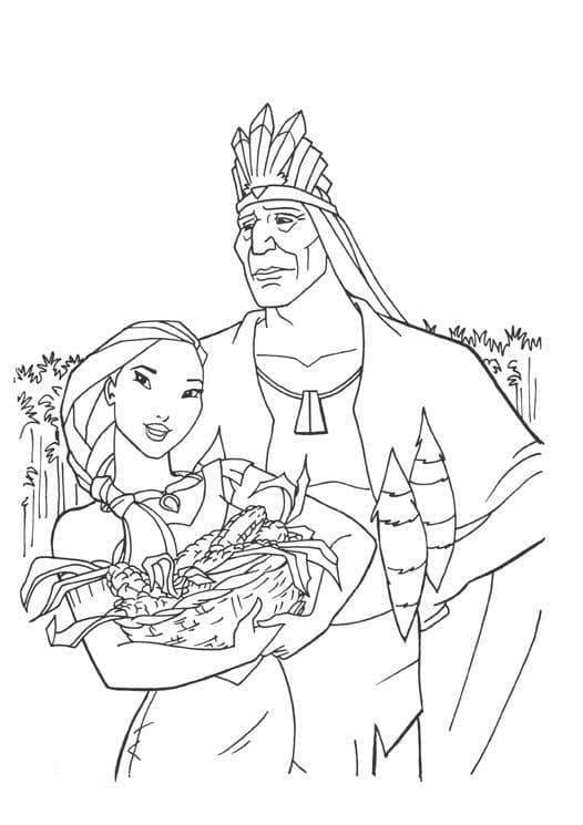 Coloriage Pocahontas avec le chef Powhatan