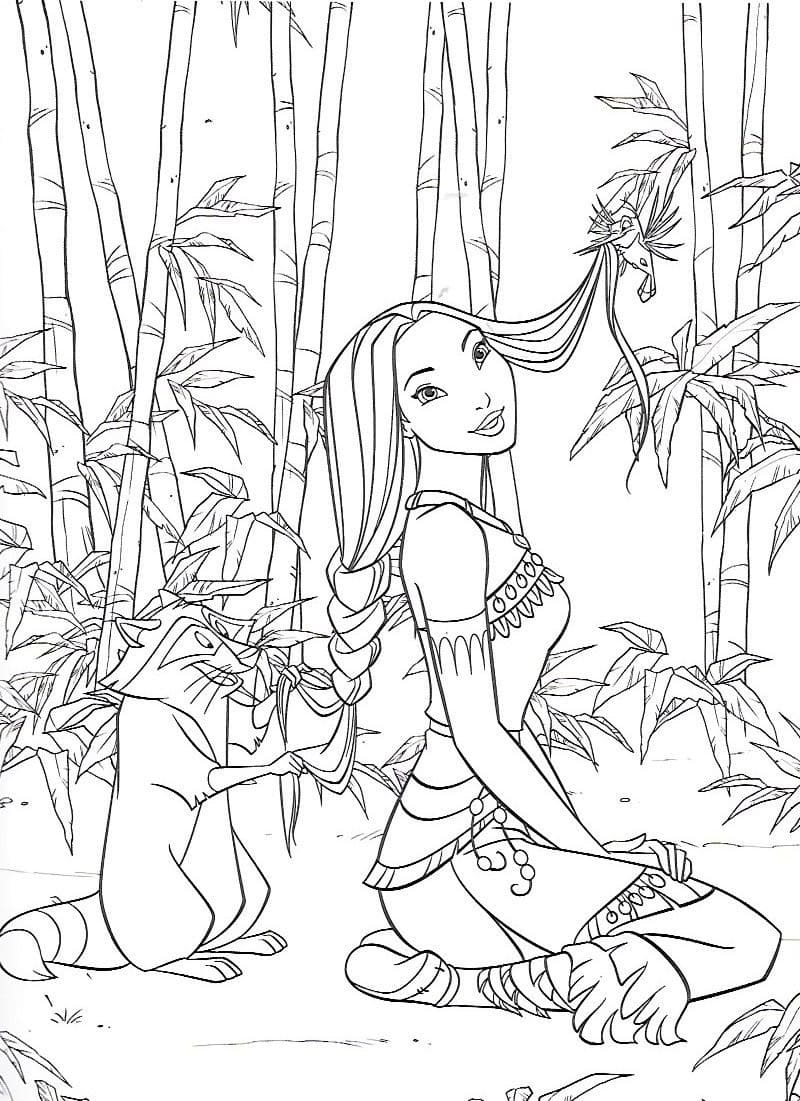 Coloriage Pocahontas dans la forêt à imprimer