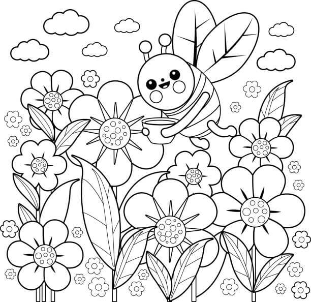 Coloriage Abeille avec des fleurs au printemps