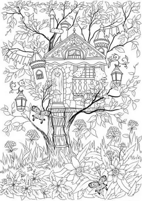 Coloriage Cabane dans les arbres au printemps