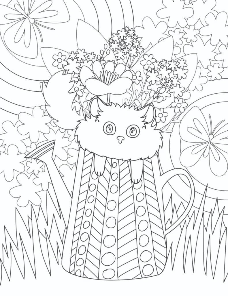 Coloriage Chat avec des fleurs au printemps