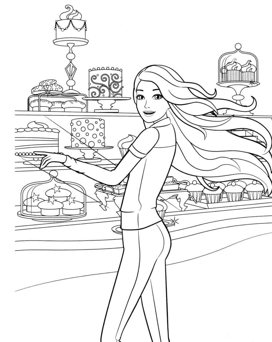 Coloriage Dessine Barbie à la boulangerie à imprimer