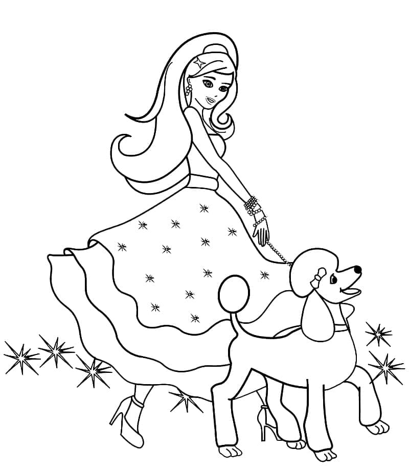 Coloriage Dessine Barbie et Caniche à imprimer