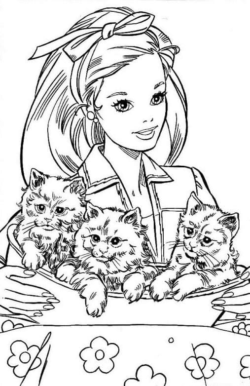 Coloriage Dessine Barbie et des chatons à imprimer