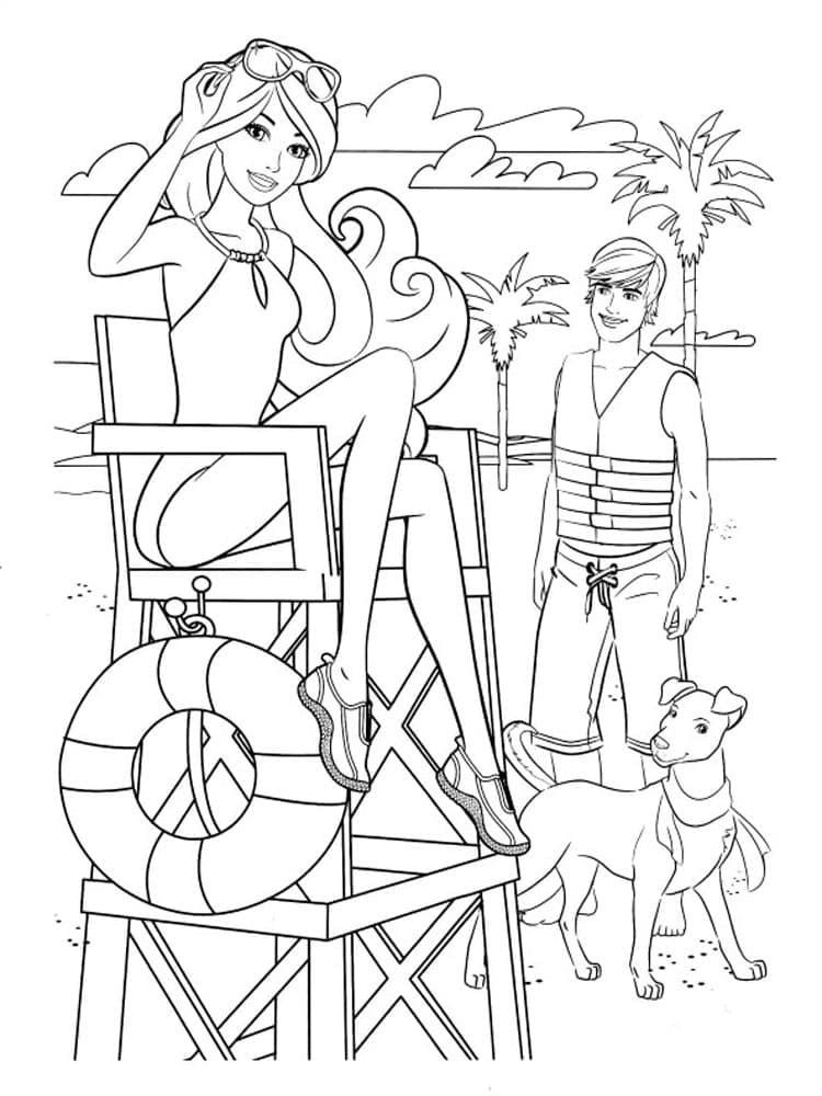 Coloriage Dessine Barbie et Ken sur la plage à imprimer