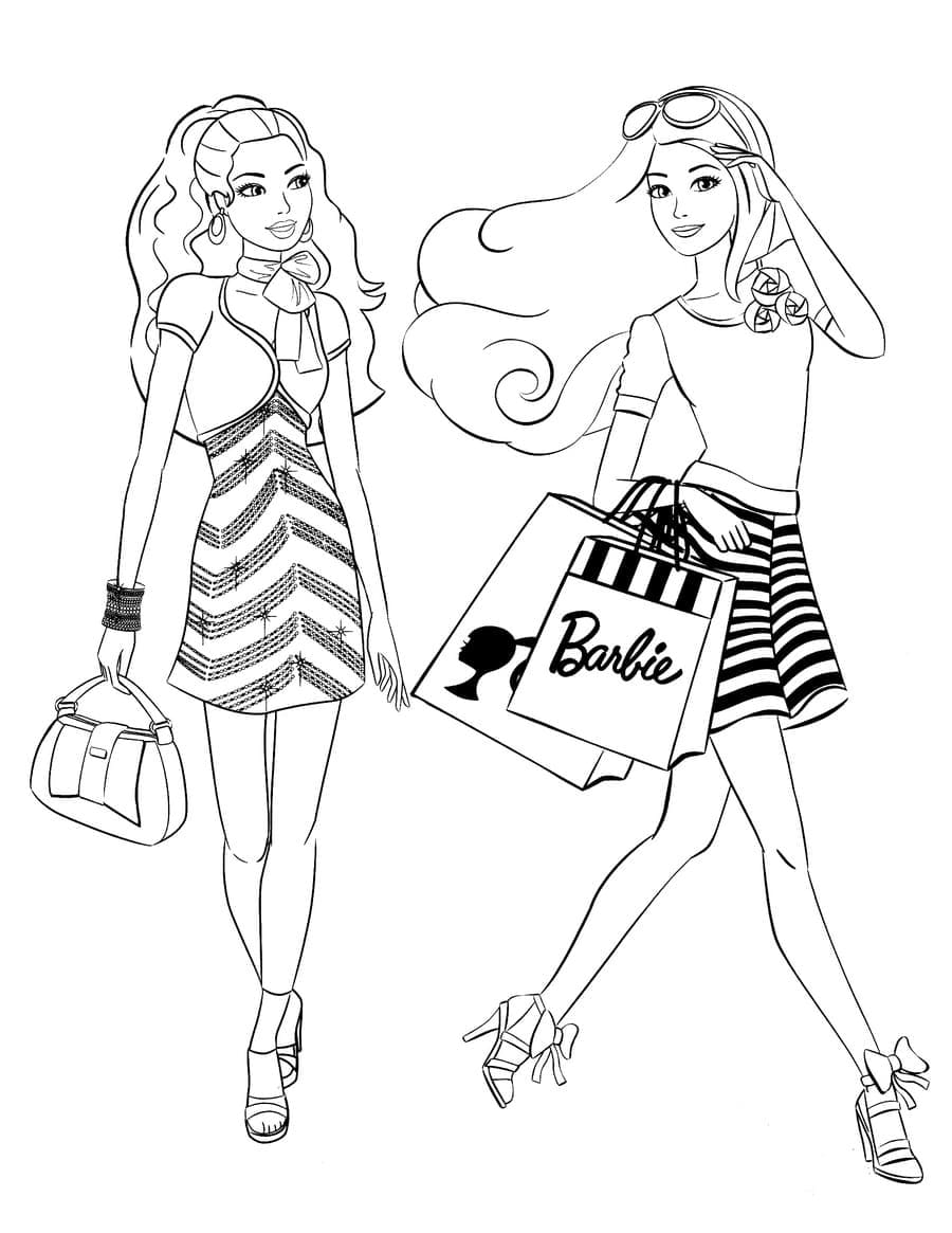 Coloriage Dessine Barbie et son amie qui font du shopping