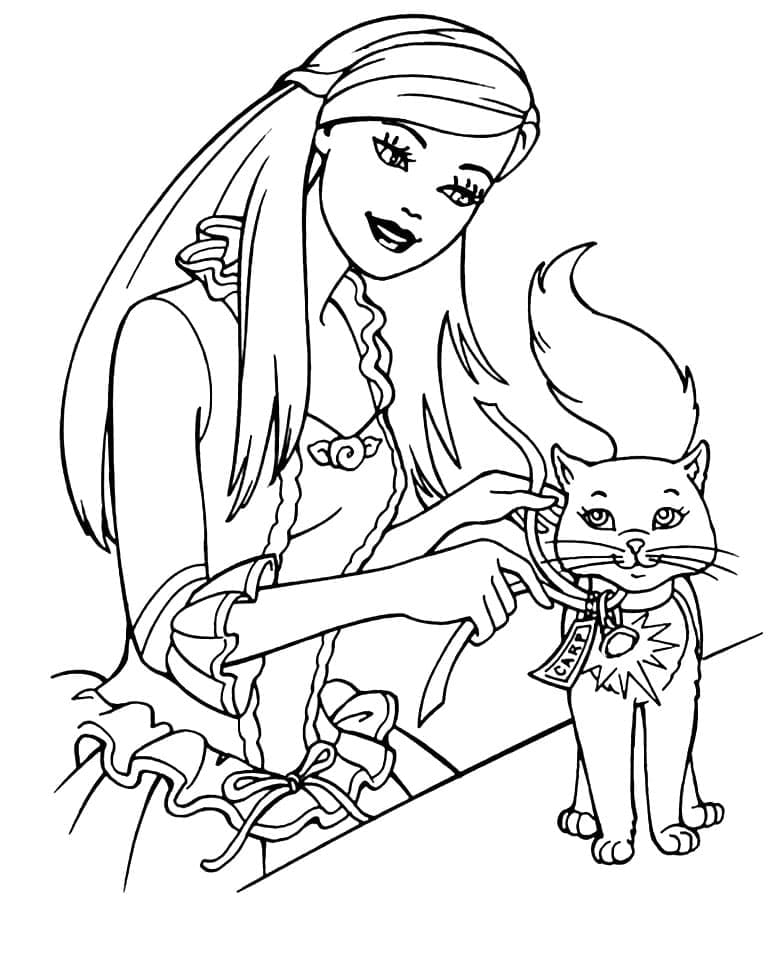 Coloriage Dessine Barbie et un chaton à imprimer