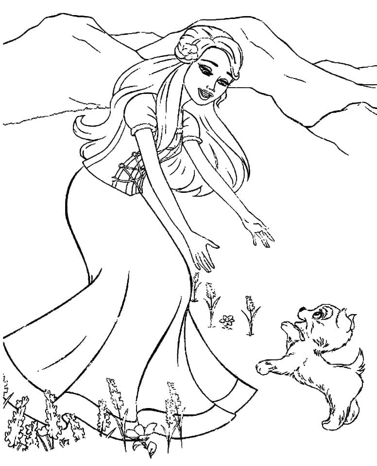 Coloriage Dessine Barbie et un chiot mignon à imprimer