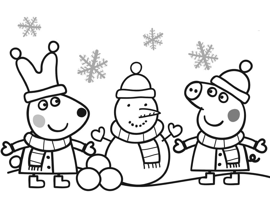 Coloriage Dessine Peppa Pig et Bonhomme de neige à imprimer