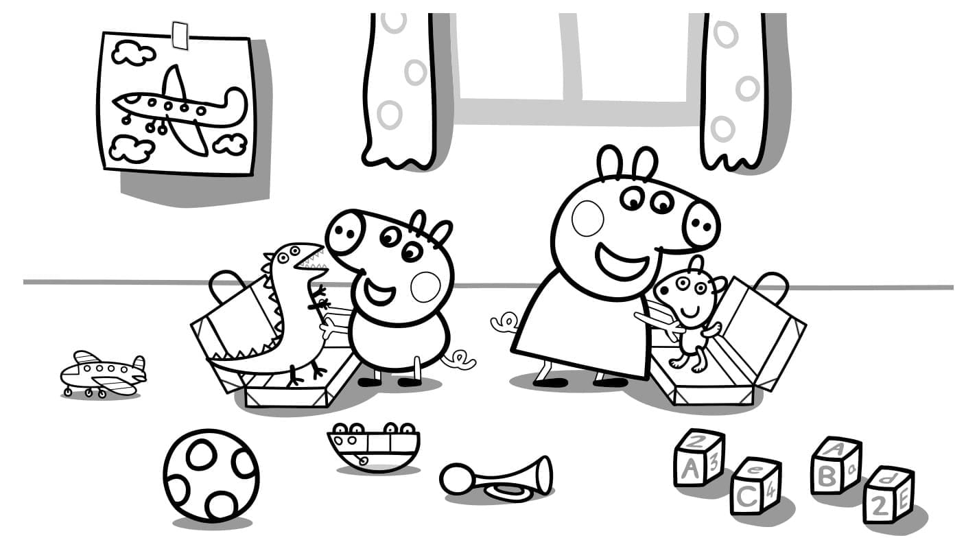 Coloriage Dessine Peppa Pig et George avec des jouets à imprimer