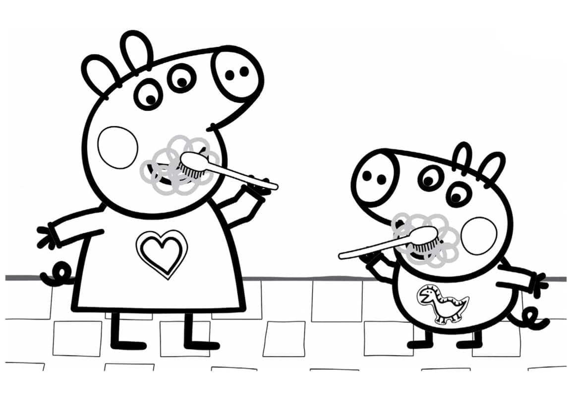 Coloriage Dessine Peppa Pig et George se brossant les dents à imprimer