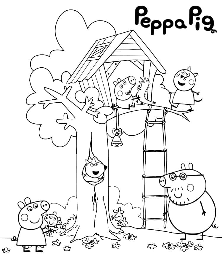 Coloriage Dessine Peppa Pig et sa cabane dans les arbres à imprimer