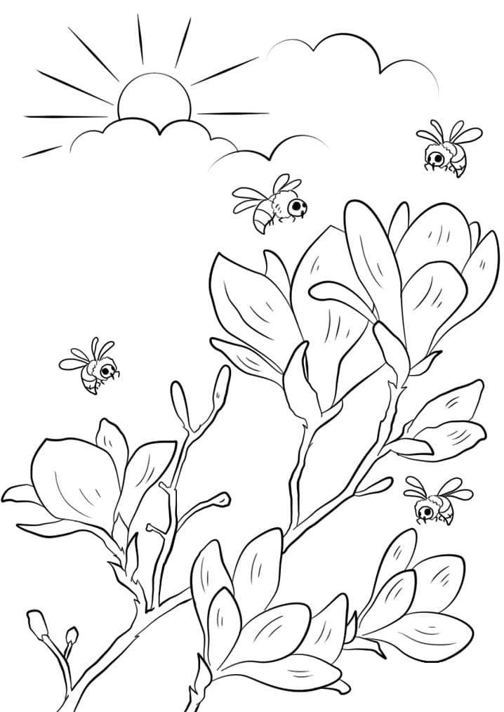 Coloriage Dessiner Fleurs et Abeilles au Printemps