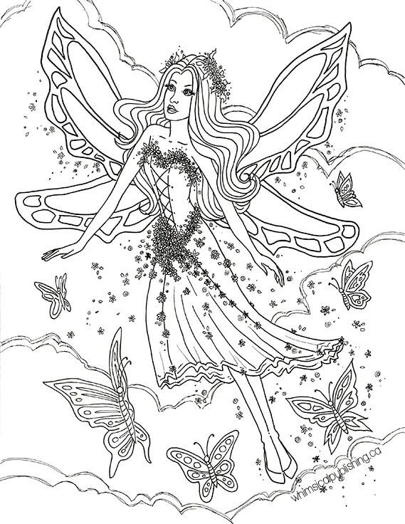 Coloriage Fée avec des papillons volants