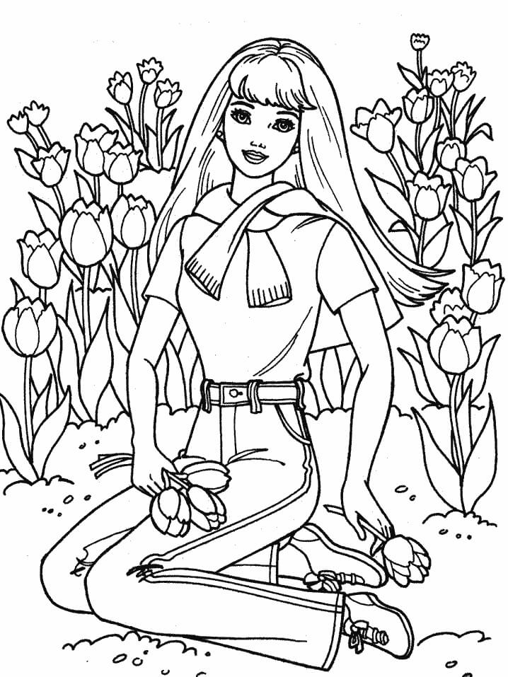 Coloriage Fille avec jardin de fleurs au printemps