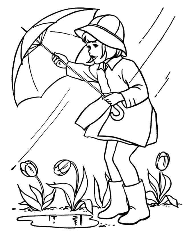 Coloriage Fille tenant un parapluie au printemps