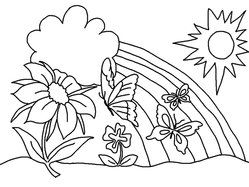 Coloriage Fleur de papillon arc en ciel avec soleil au printemps