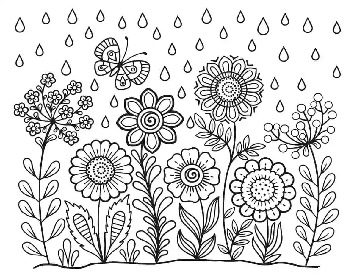 Coloriage Jardin fleuri avec pluie au printemps