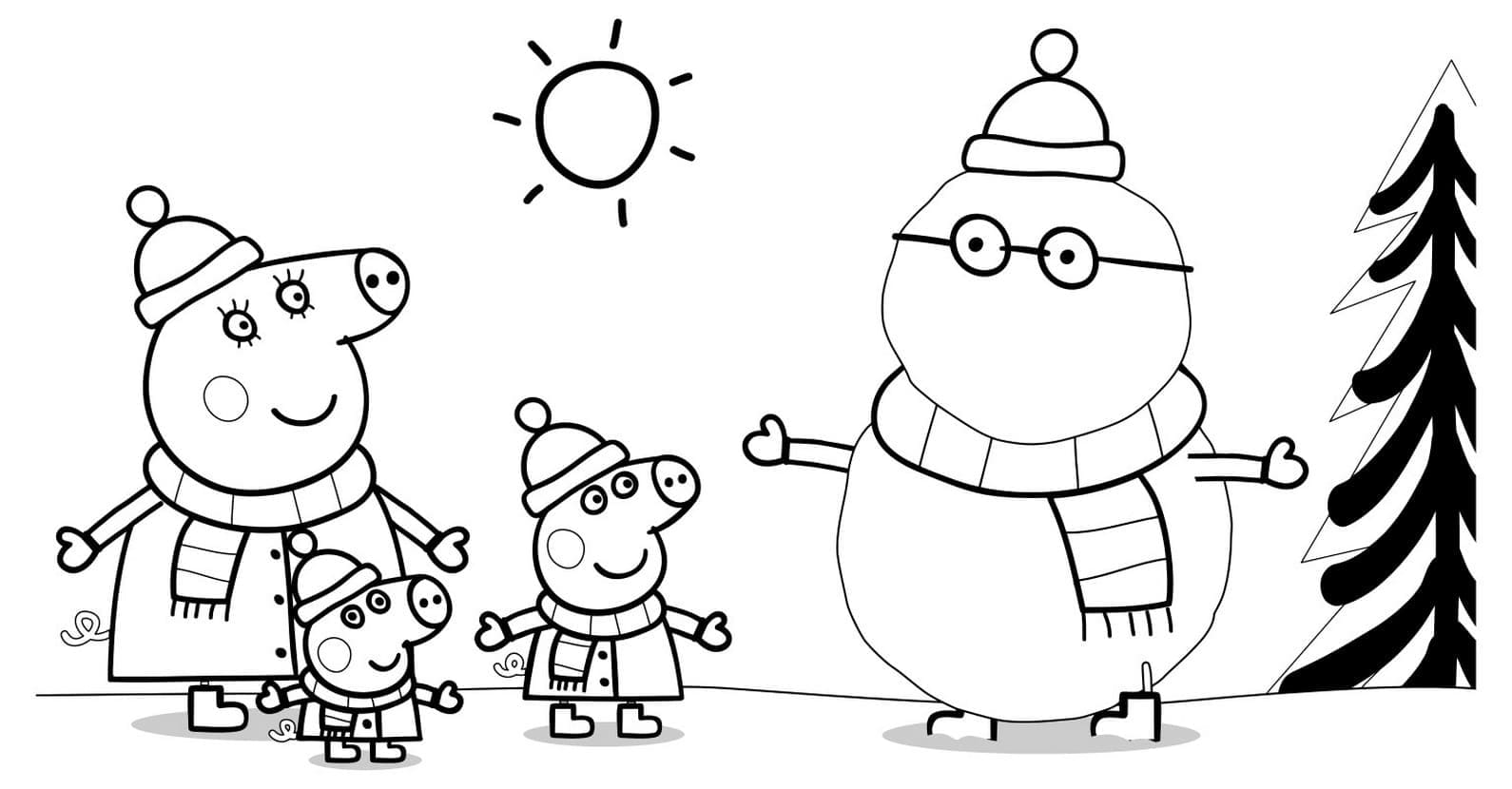 Coloriage La famille Peppa Pig et le bonhomme de neige à imprimer