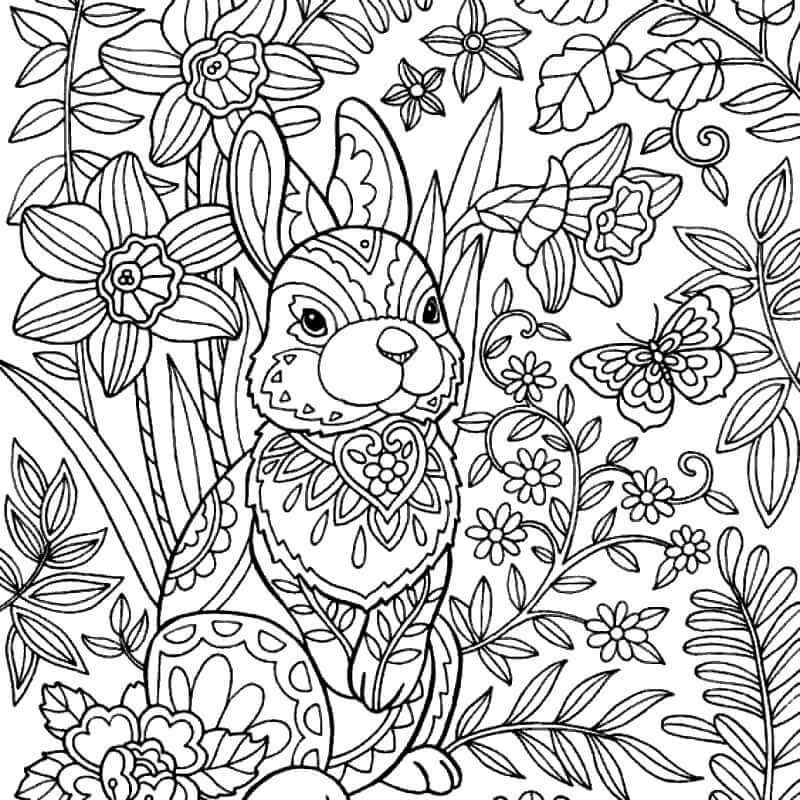 Coloriage Lapin avec des fleurs au printemps