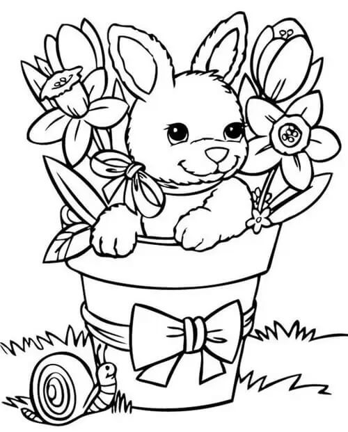 Coloriage Lapin avec des fleurs et un escargot au printemps