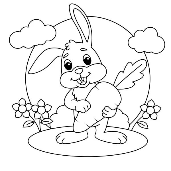 Coloriage Lapin tenant une carotte au printemps