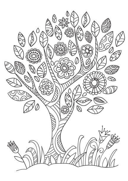 Coloriage Mandala avec un arbre printanier