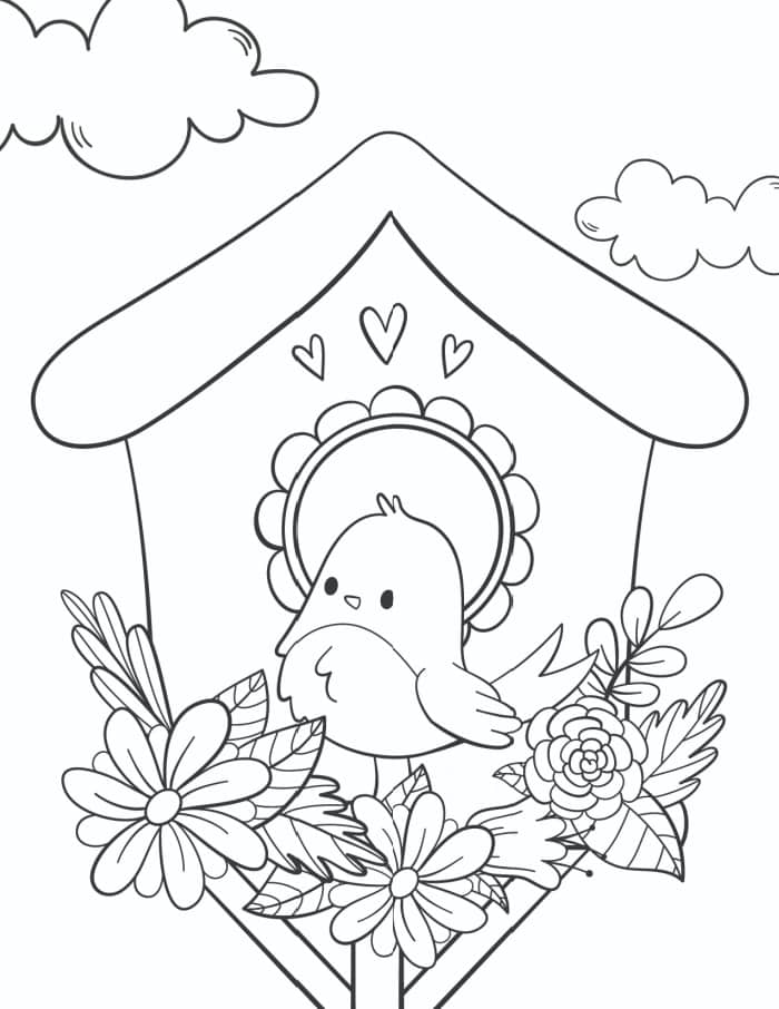 Coloriage Nid d'oiseau et fleurs au printemps