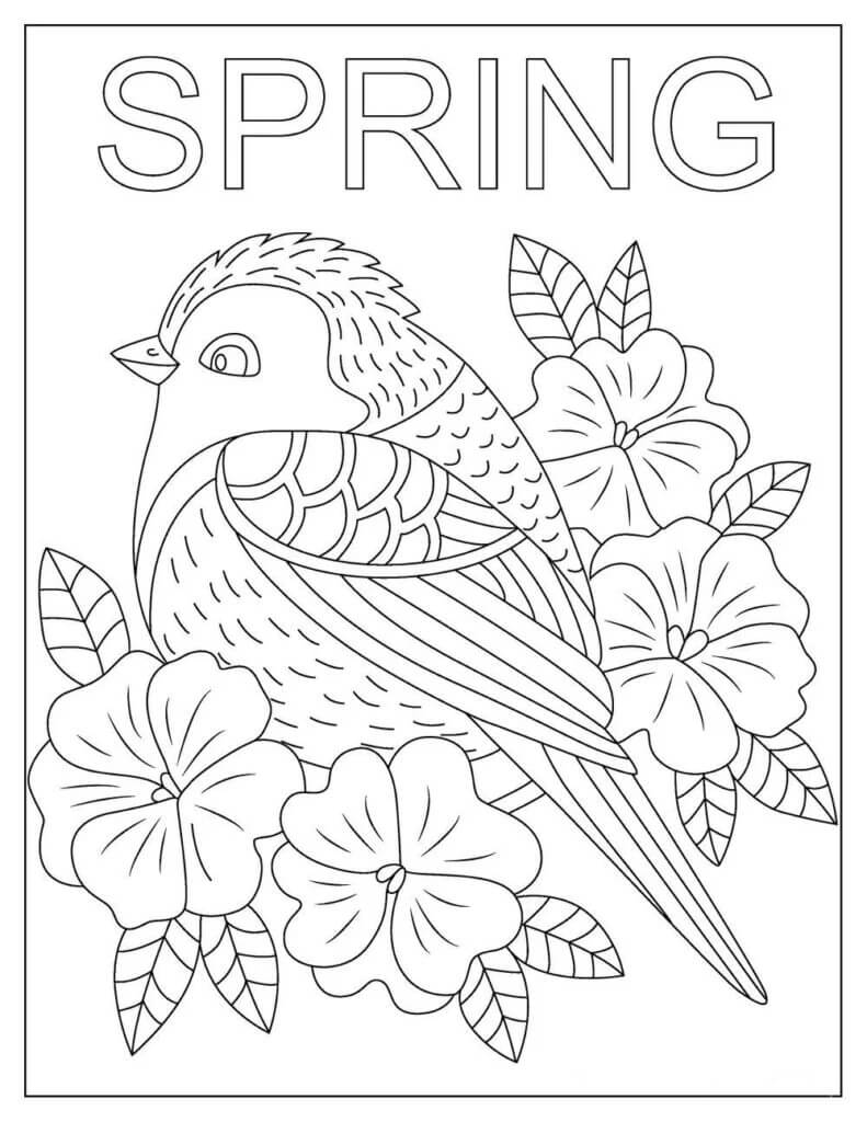 Coloriage Oiseau avec des fleurs au printemps