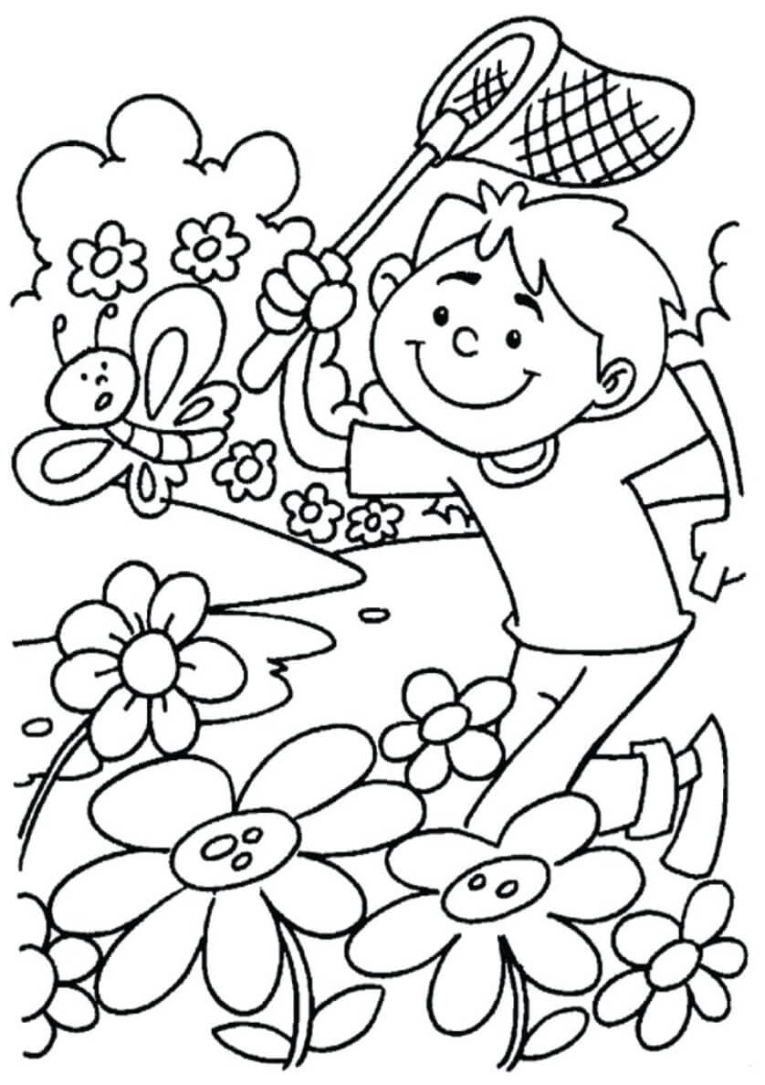 Coloriage Un enfant avec un papillon au printemps