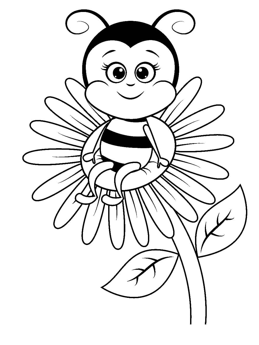 Coloriage Abeille de dessin animé assise sur une fleur