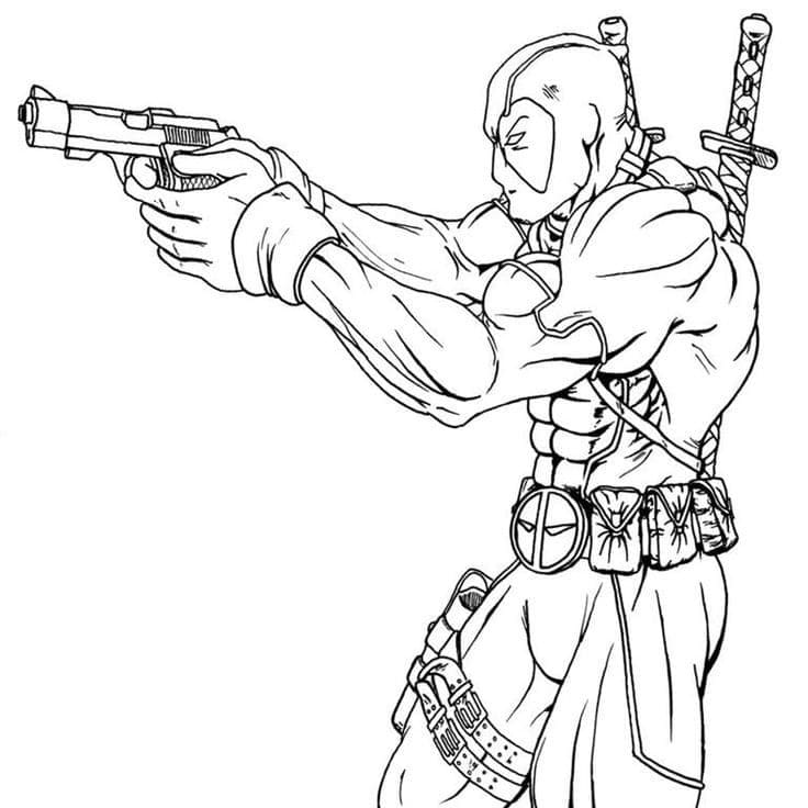 Coloriage Deadpool tenant une arme