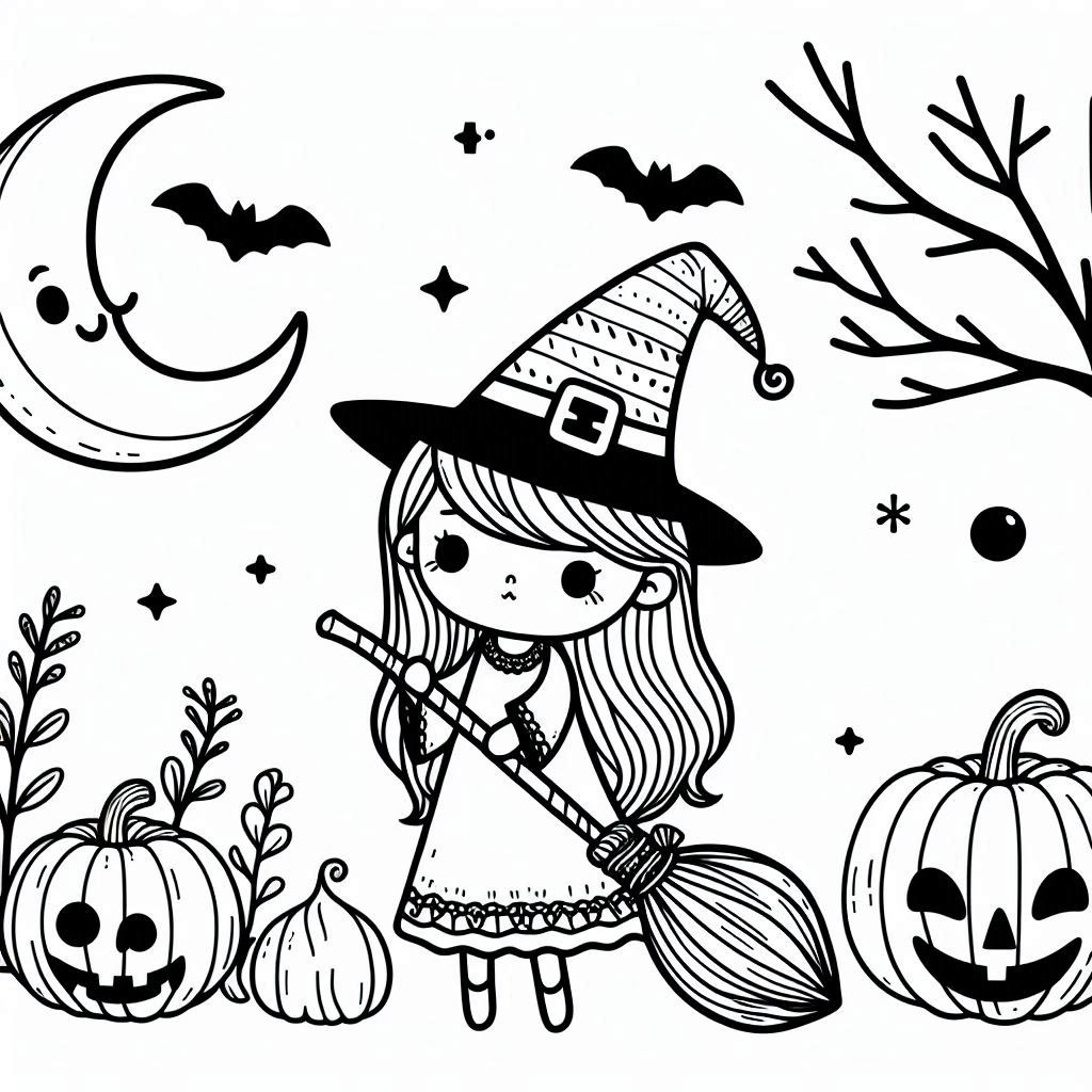 Coloriage Dessine une sorcière mignonne pour Halloween