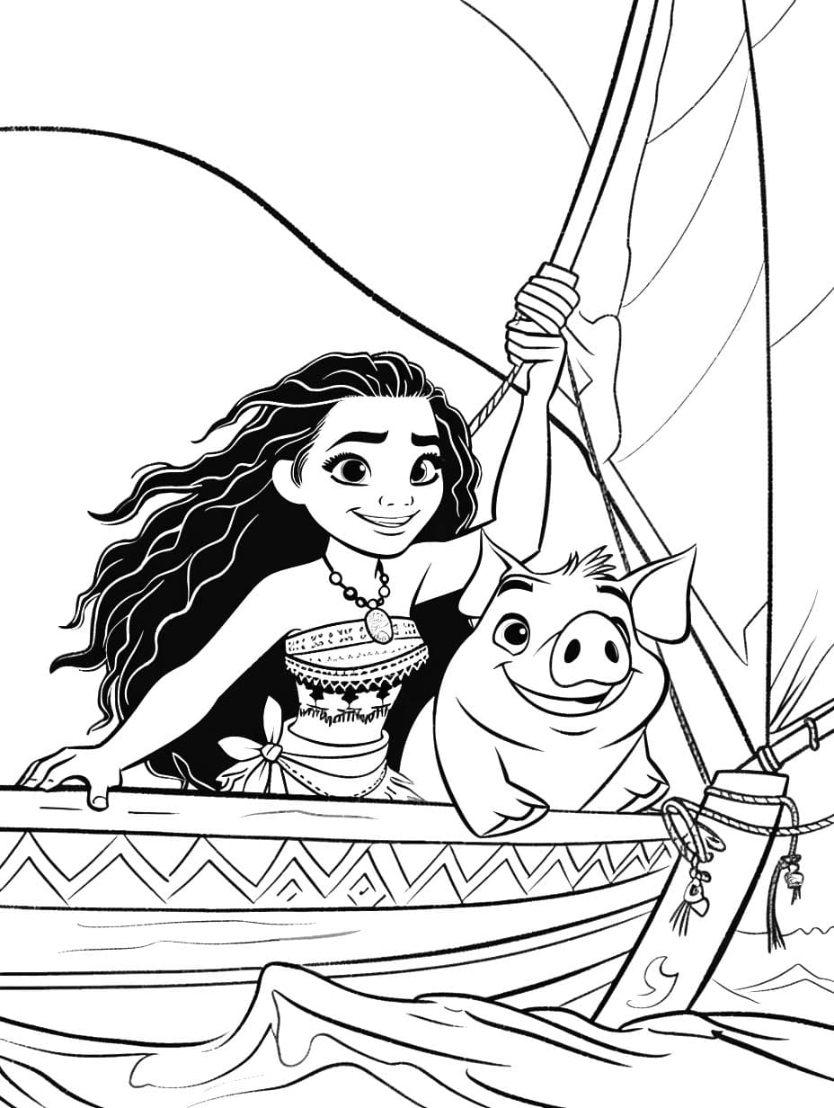 Coloriage Dessine Vaiana et Porc sur le bateau