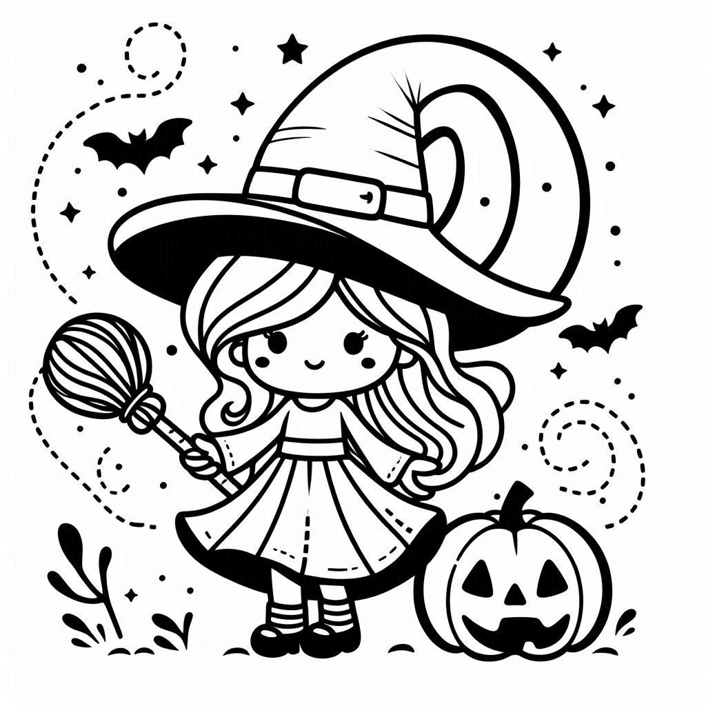 Coloriage Dessiner une sorcière mignonne Halloween gratuitement