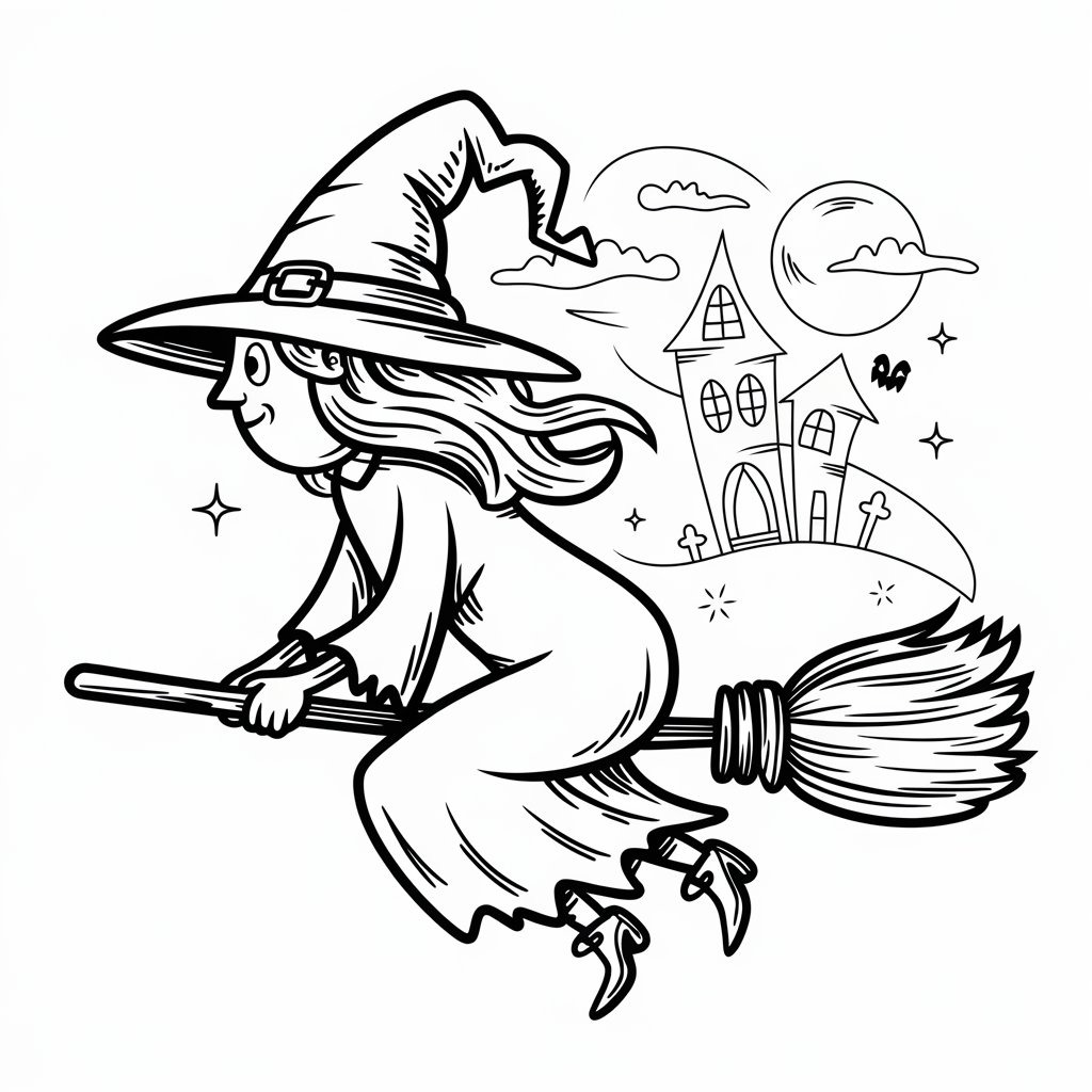 Coloriage La sorcière Halloween vole