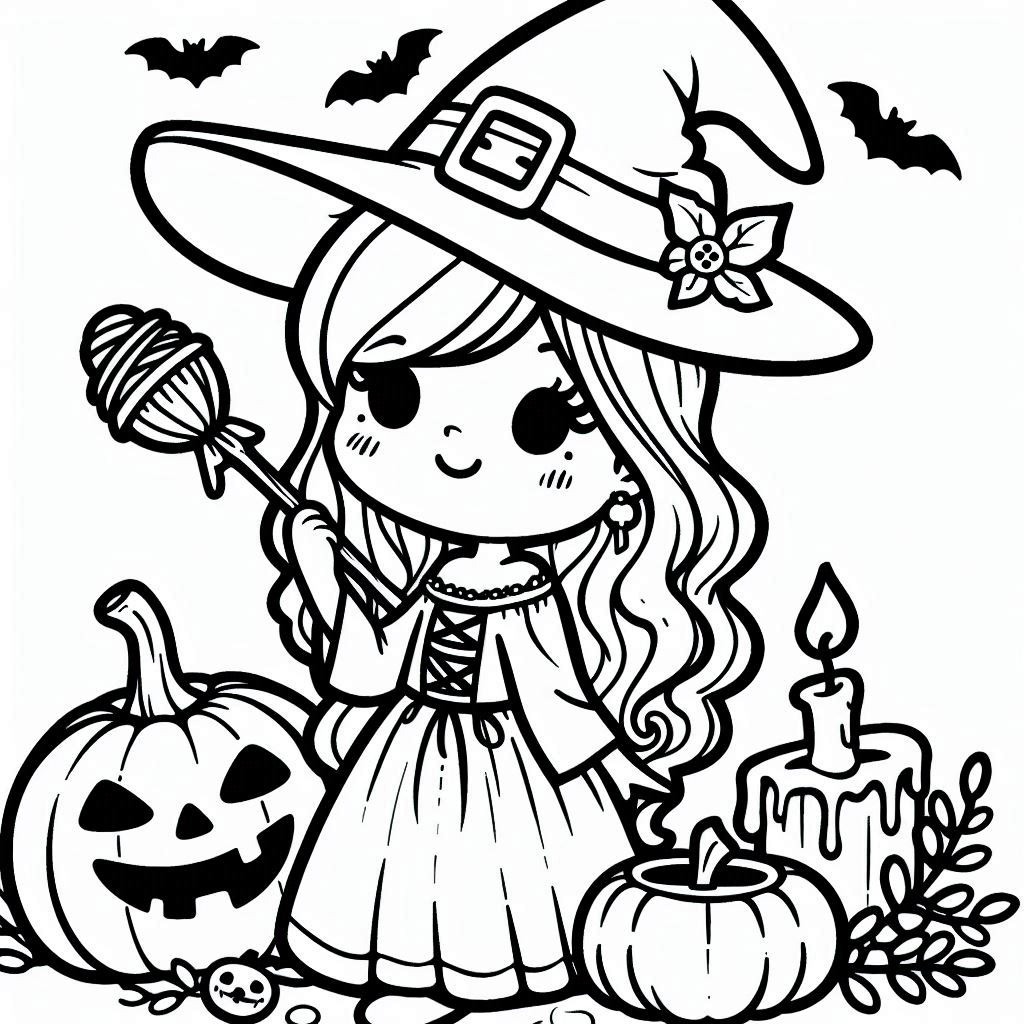 Coloriage Sorcière Halloween très mignonne