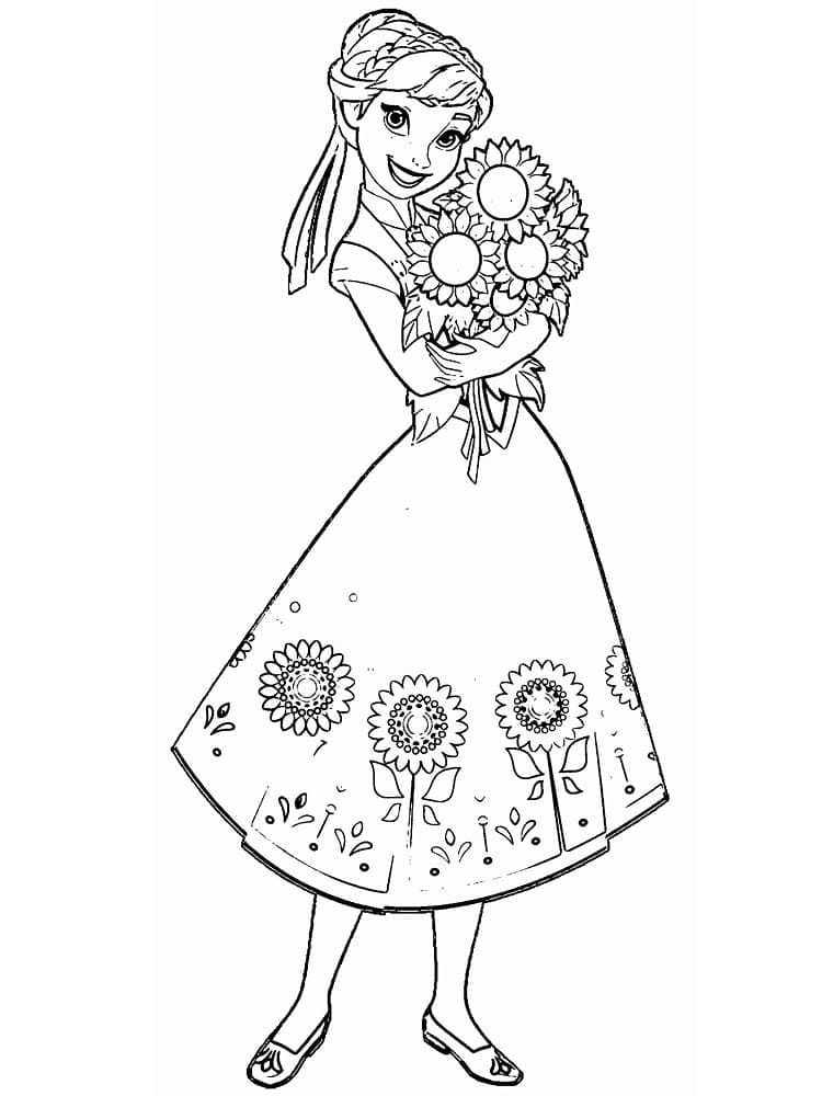 Coloriage Anna avec des fleurs